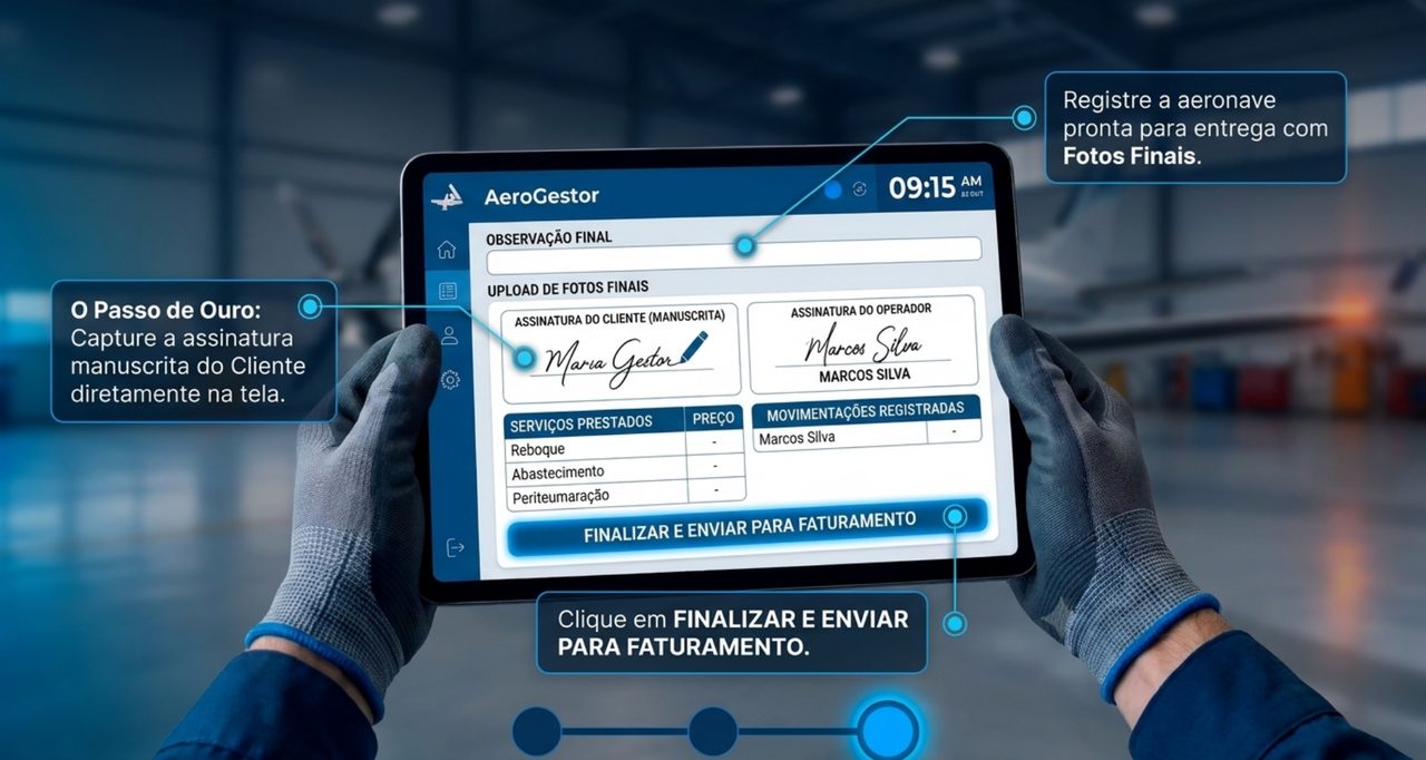 Tela de finalização com assinaturas digitais no tablet